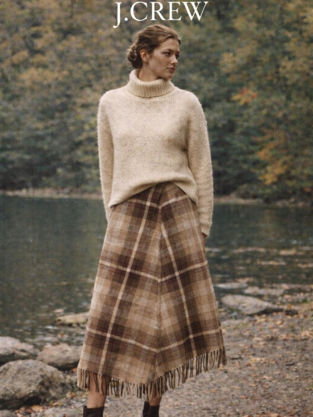 VINTAGE/Heritage 90's J. Crew V-Cut‎ Plaid Fringe Wool Midi Skirt SM